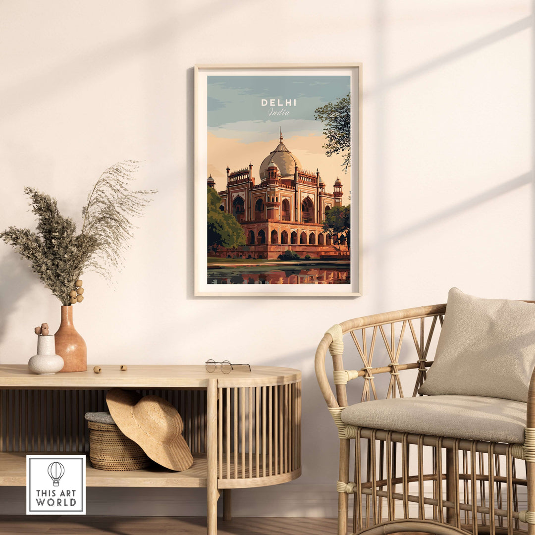 Delhi travel poster featuring Humayun's Tomb, showcasing Mughal architecture in an elegant setting.