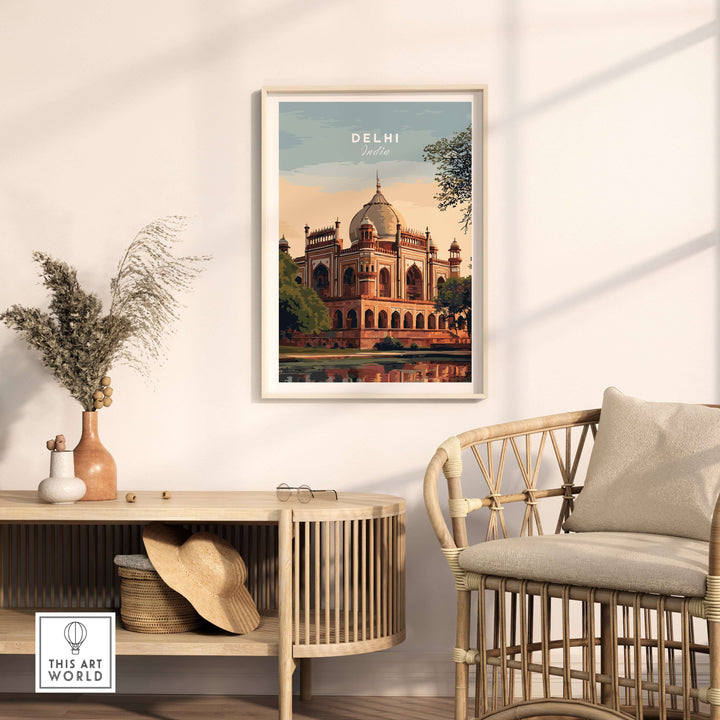 Delhi travel poster featuring Humayun's Tomb, showcasing Mughal architecture in an elegant setting.