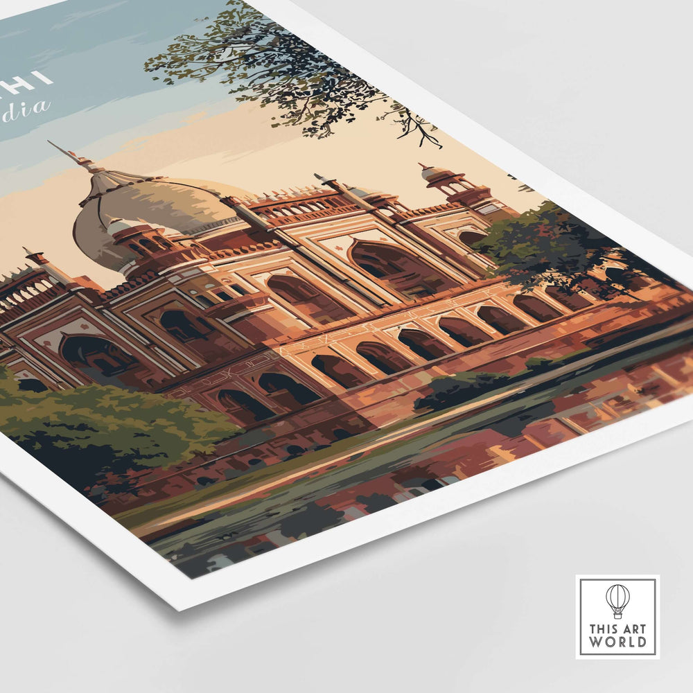 Delhi travel poster featuring Humayun's Tomb, showcasing Mughal architecture and serene reflections.