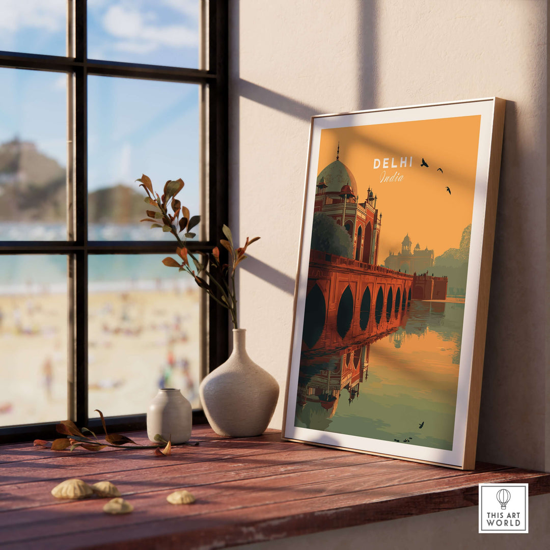 Delhi travel print featuring Humayun's Tomb at sunset, with bridge reflection in warm orange hues, perfect wall art.