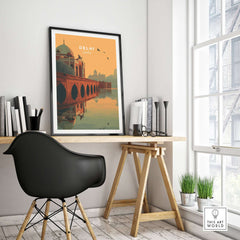 Delhi India Travel Print Humayuns Tomb Sunset Poster Bridge Reflection Wall Art in modern interior setting.