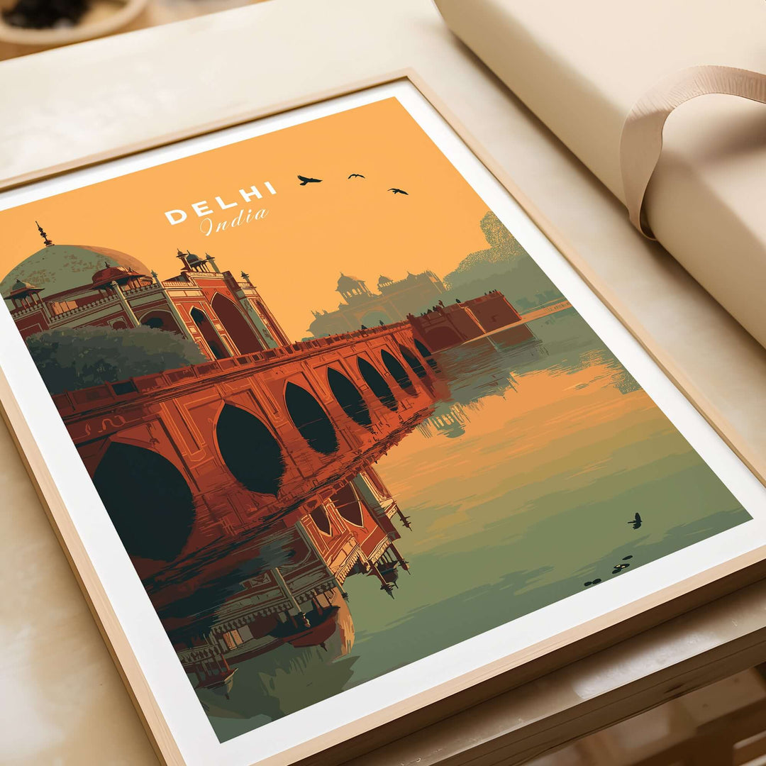 Delhi India travel print featuring Humayun's Tomb at sunset with bridge reflection, stunning wall art.