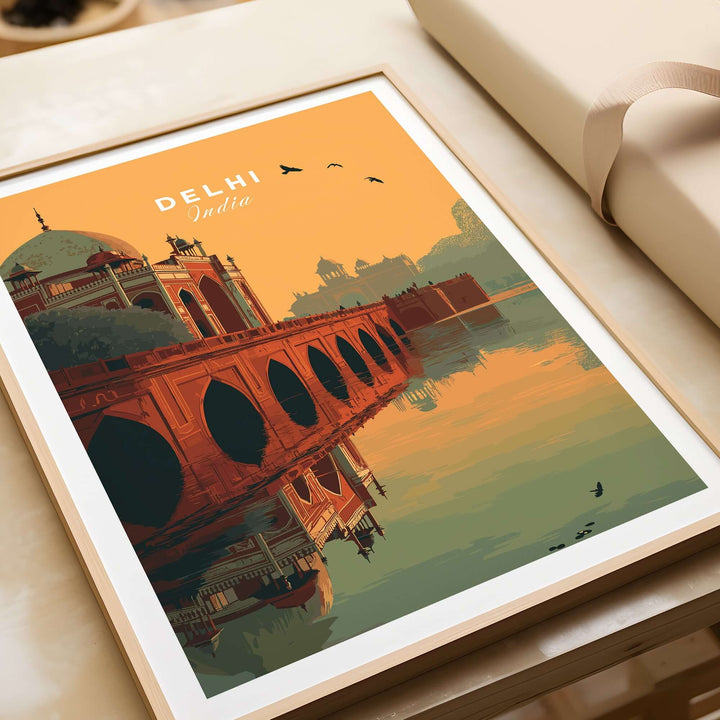 Delhi India travel print featuring Humayun's Tomb at sunset with bridge reflection, stunning wall art.