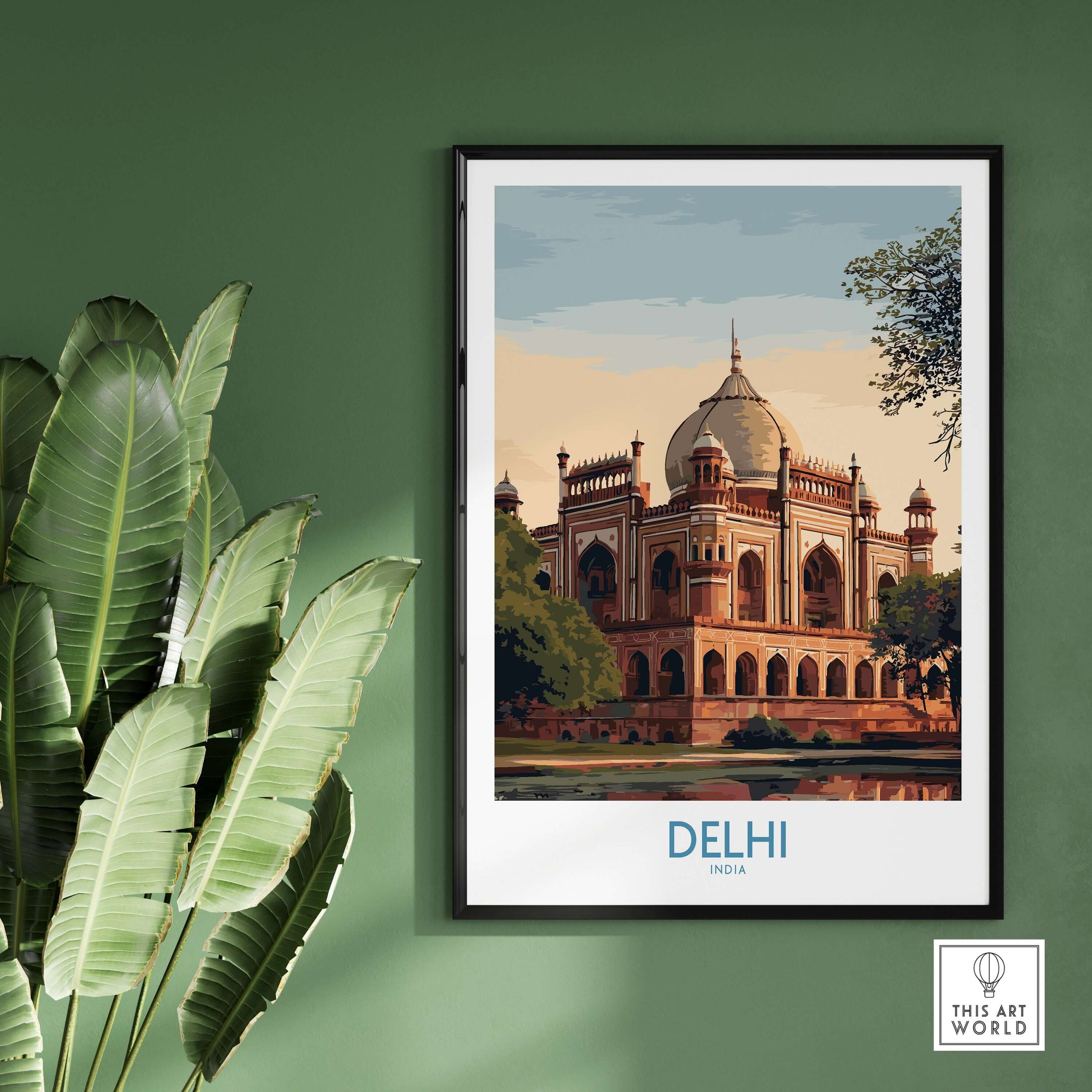 Delhi India Travel Print Mughal Landmark Poster Humayuns Tomb Wall Art Reflection framed against a green wall.