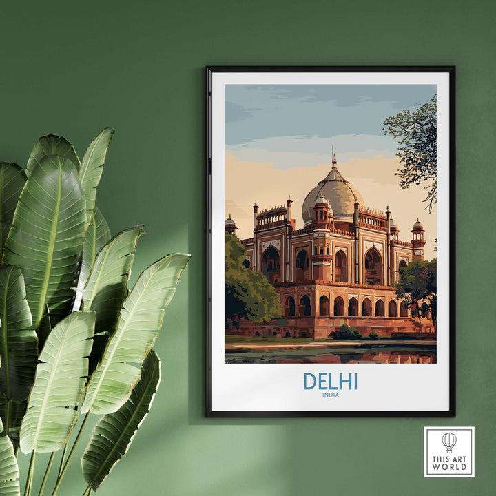 Delhi India travel print showcasing Humayun's Tomb in vibrant colors, framed by lush greenery, perfect for wall art.