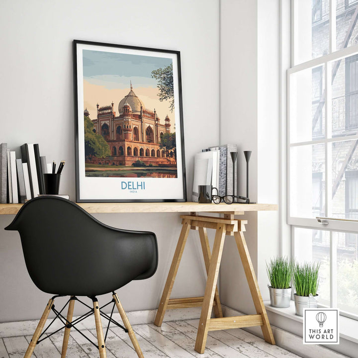 Poster of Humayun's Tomb in Delhi, India, displayed in a modern workspace, showcasing Mughal architecture.