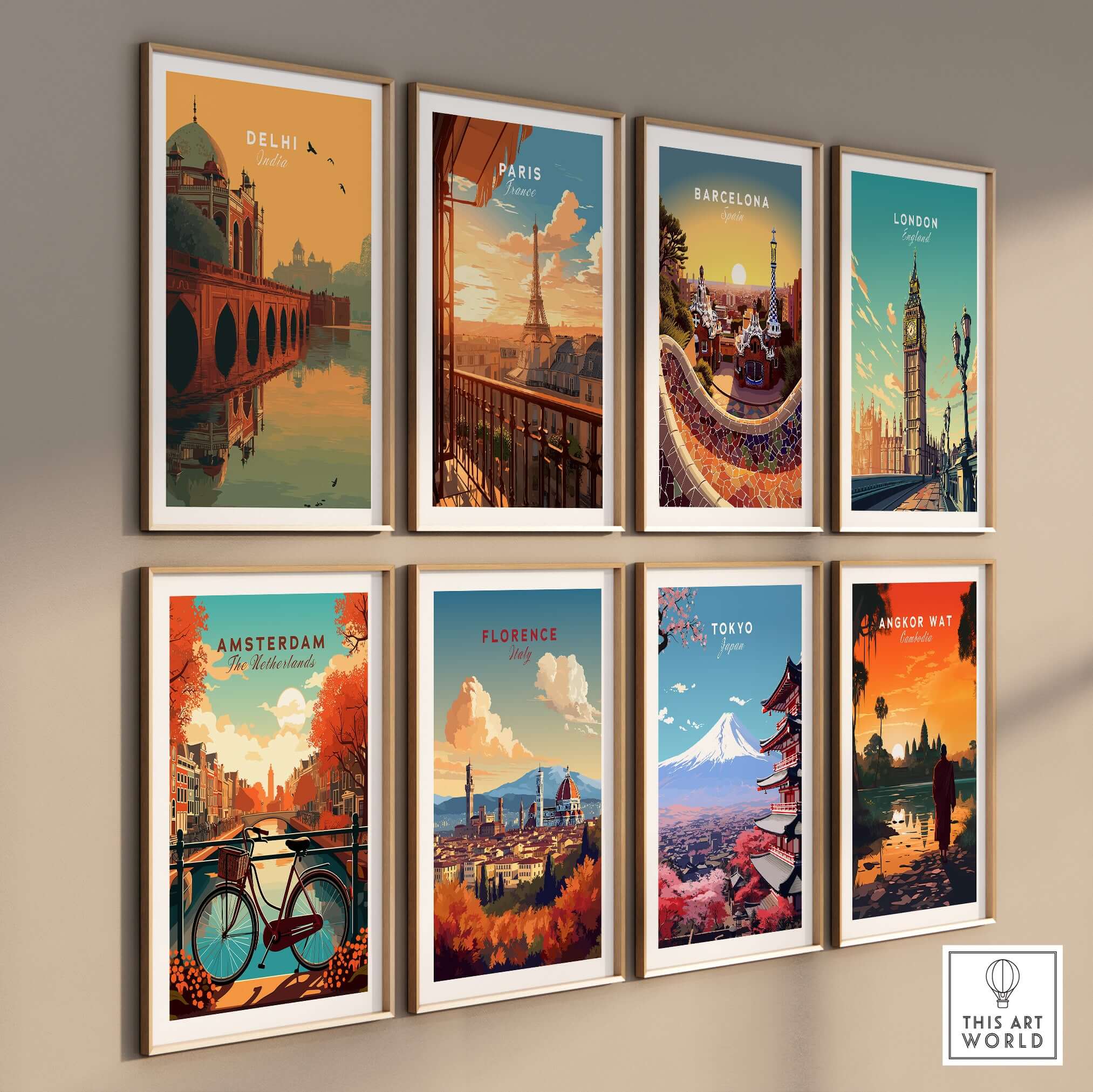 Delhi India Travel Print Humayuns Tomb Sunset Poster Bridge Reflection Wall Art displayed among various travel posters.