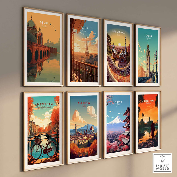 Gallery of travel posters featuring Delhi, Paris, Barcelona, London, Amsterdam, Florence, Tokyo, and Angkor Wat.