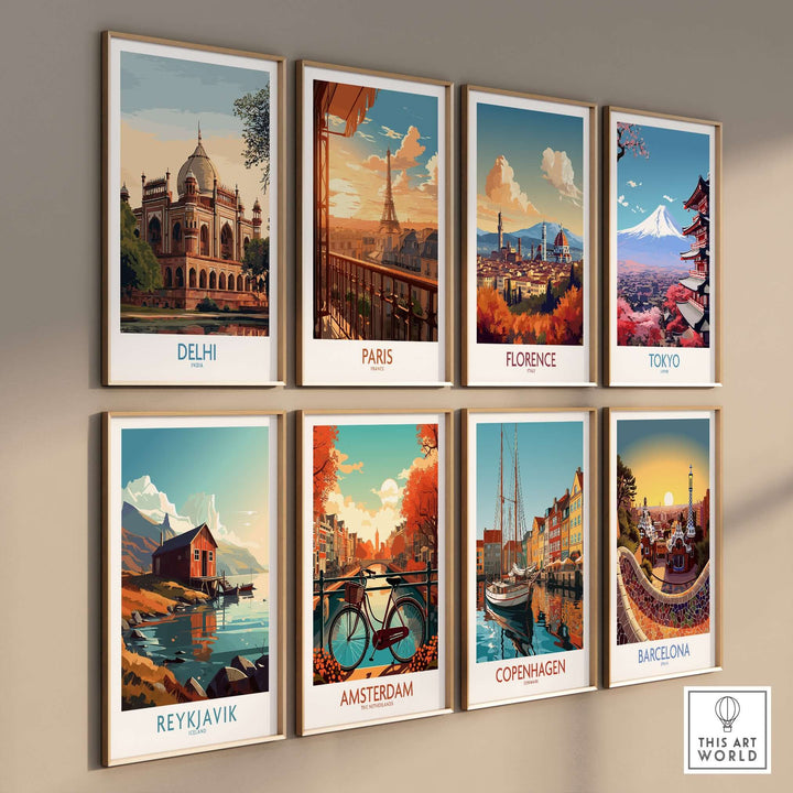 Colorful travel posters of famous landmarks including Delhi, Paris, Florence, Tokyo, Reykjavik, Amsterdam, Copenhagen, and Barcelona.