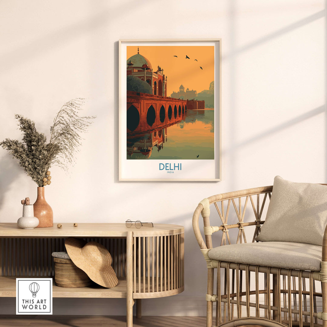 Wall art poster of Humayun's Tomb in Delhi at sunset with bridge reflection and birds flying.