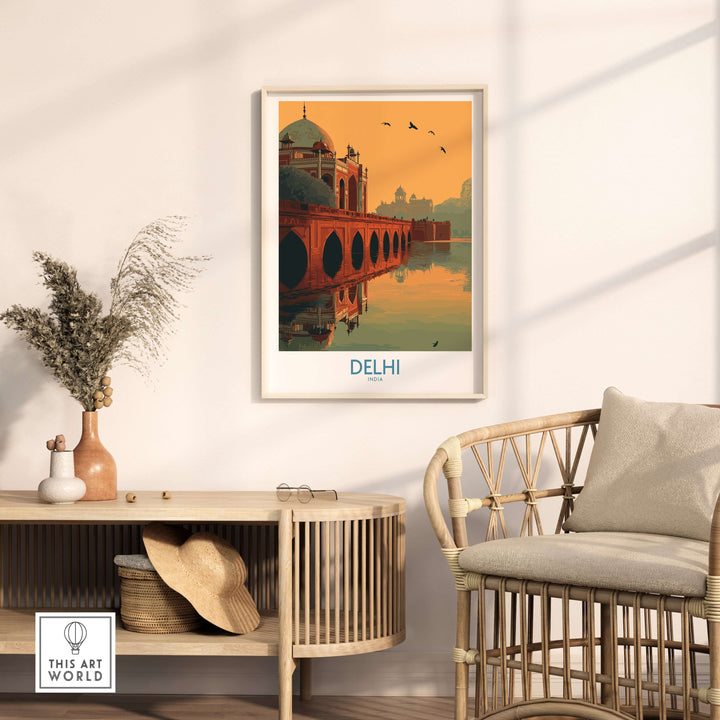 Wall art poster of Humayun's Tomb in Delhi at sunset with bridge reflection and birds flying.