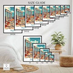 Delos Travel Poster size guide showcasing various dimensions for the Delos Travel Poster wall art.
