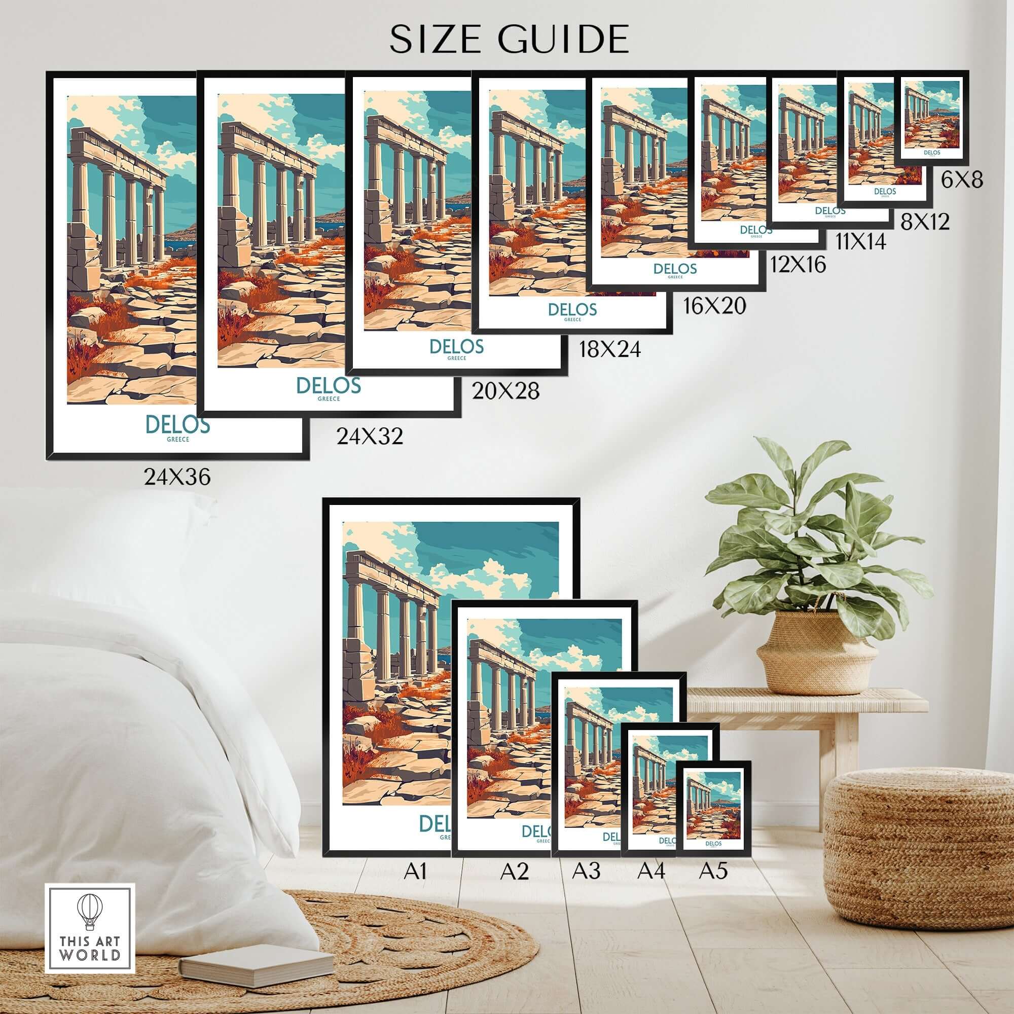 Delos Travel Poster size guide showcasing various dimensions for the Delos Travel Poster wall art.