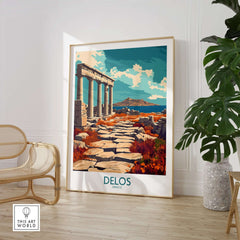 Delos Travel Poster showcasing the ancient ruins of Delos, Greece, beautifully framed in an elegant interior setting.