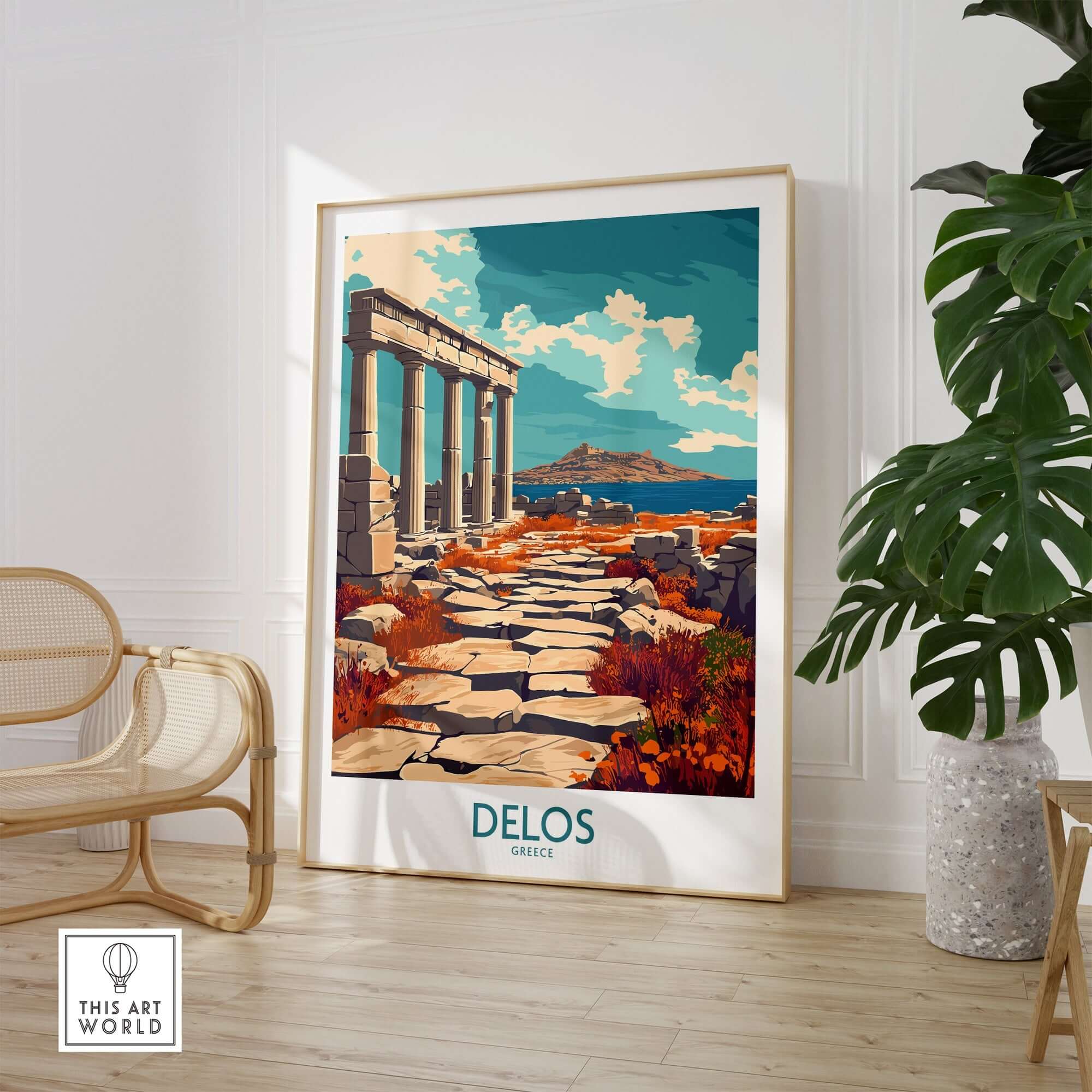 Delos Travel Poster showcasing the ancient ruins of Delos, Greece, beautifully framed in an elegant interior setting.