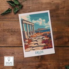 Delos Travel Poster featuring ancient ruins and scenic views of Delos, Greece, perfect for wall decor.