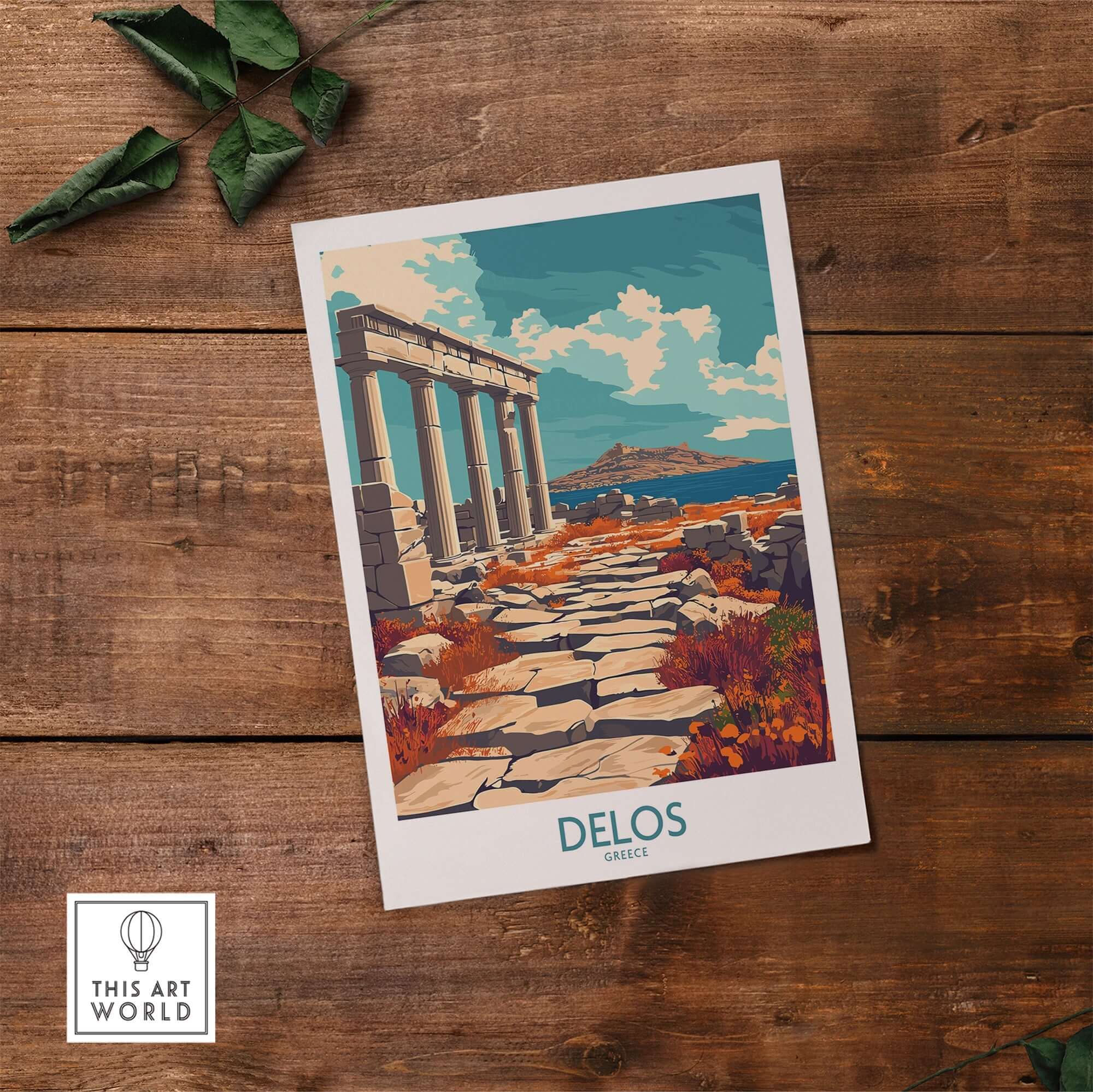 Delos Travel Poster featuring ancient ruins and scenic views of Delos, Greece, perfect for wall decor.