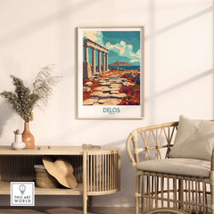 Delos Travel Poster featuring ancient ruins and scenic views of the historic island of Delos in a stylish interior.