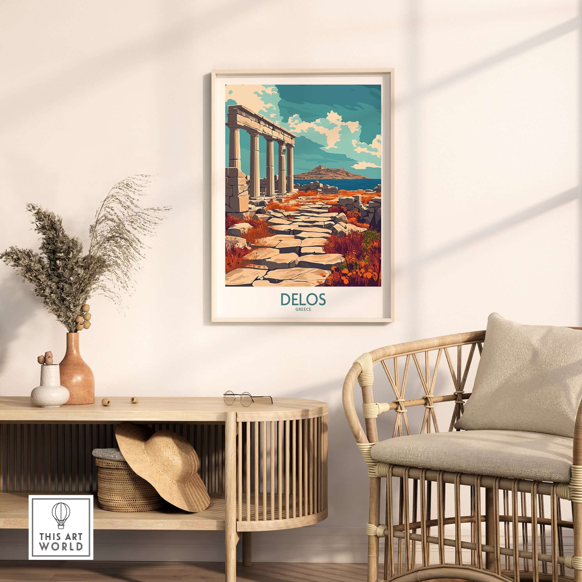 Delos Travel Poster featuring ancient ruins and scenic views of the historic island of Delos in a stylish interior.
