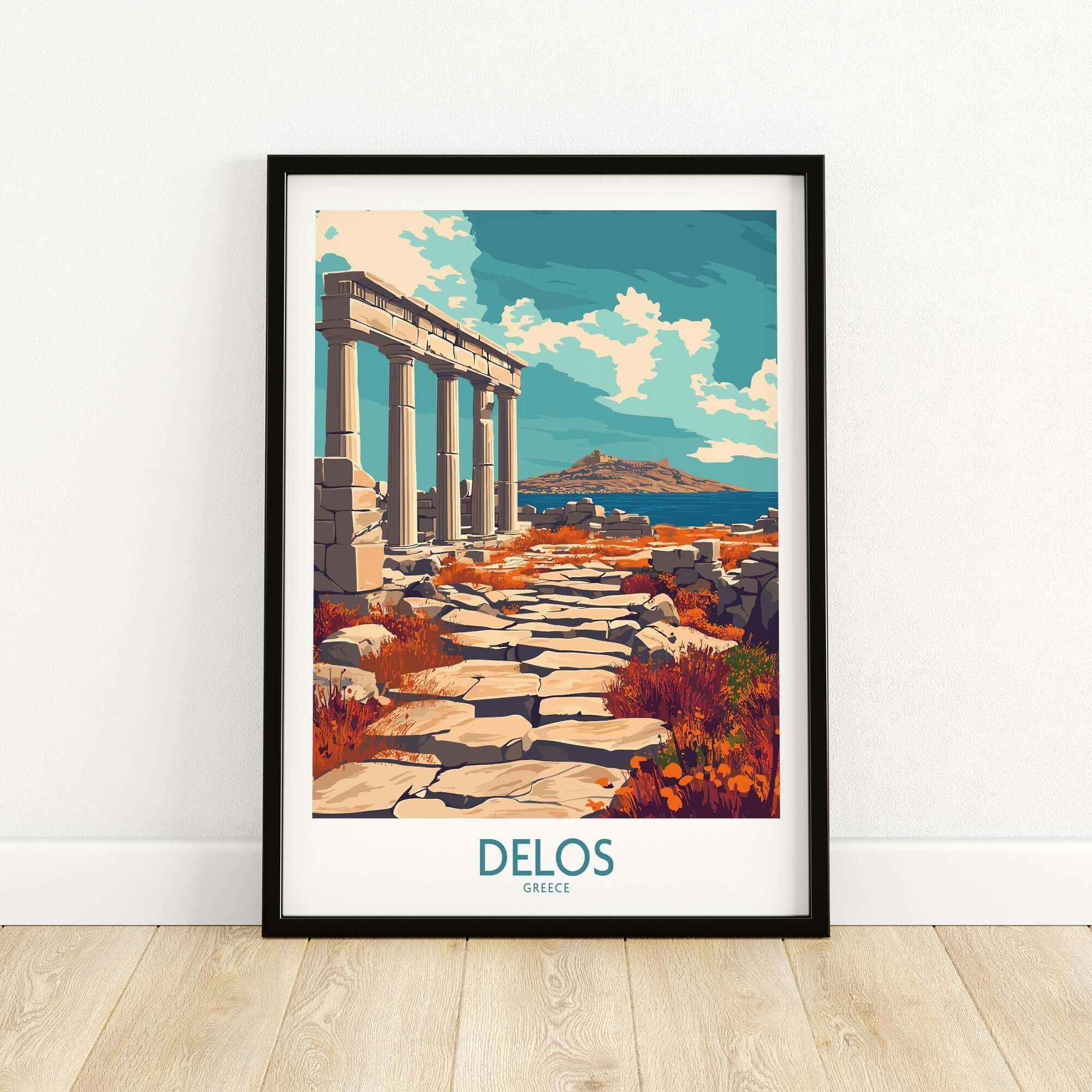 Delos Travel Poster showcasing ancient Greek ruins on Delos island with scenic landscape, vibrant colors, and elegant design.