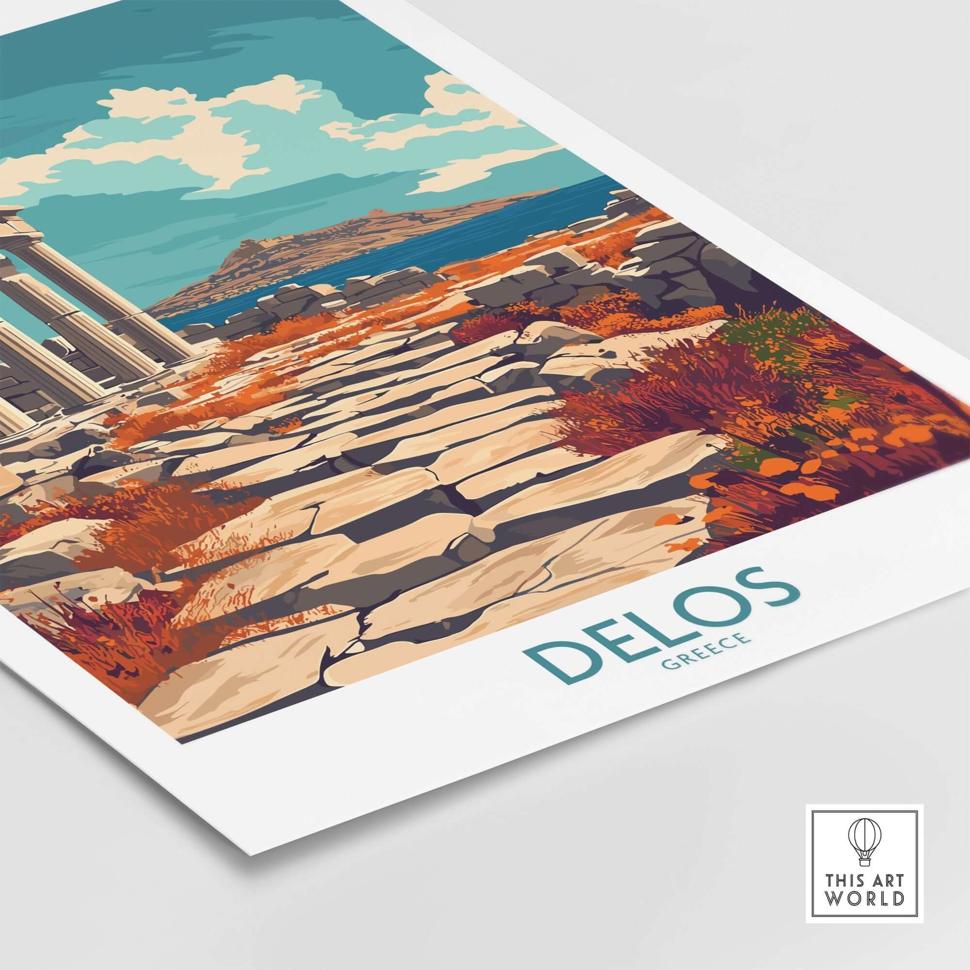 Delos Travel Poster showcasing ancient ruins and scenic beauty of Delos, Greece, perfect for wall art.