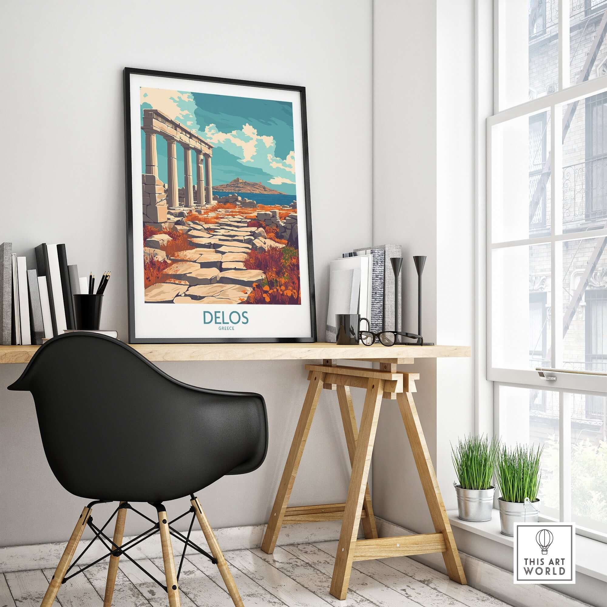 Delos Travel Poster displayed in a modern workspace, capturing the beauty of ancient Delos island.