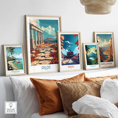 Delos Travel Poster showcasing ancient architecture and vibrant colors in a stylish decor setting.