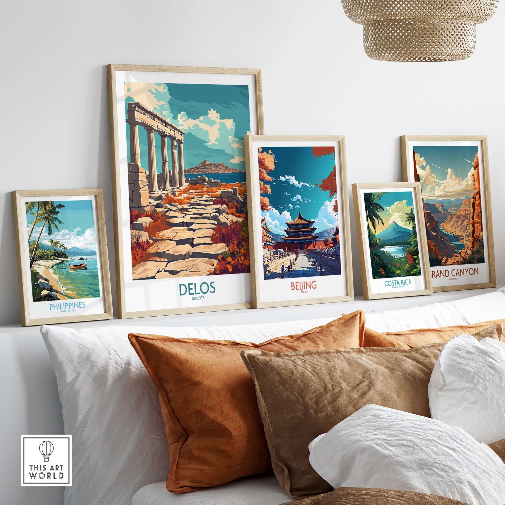 Delos Travel Poster showcasing ancient architecture and vibrant colors in a stylish decor setting.