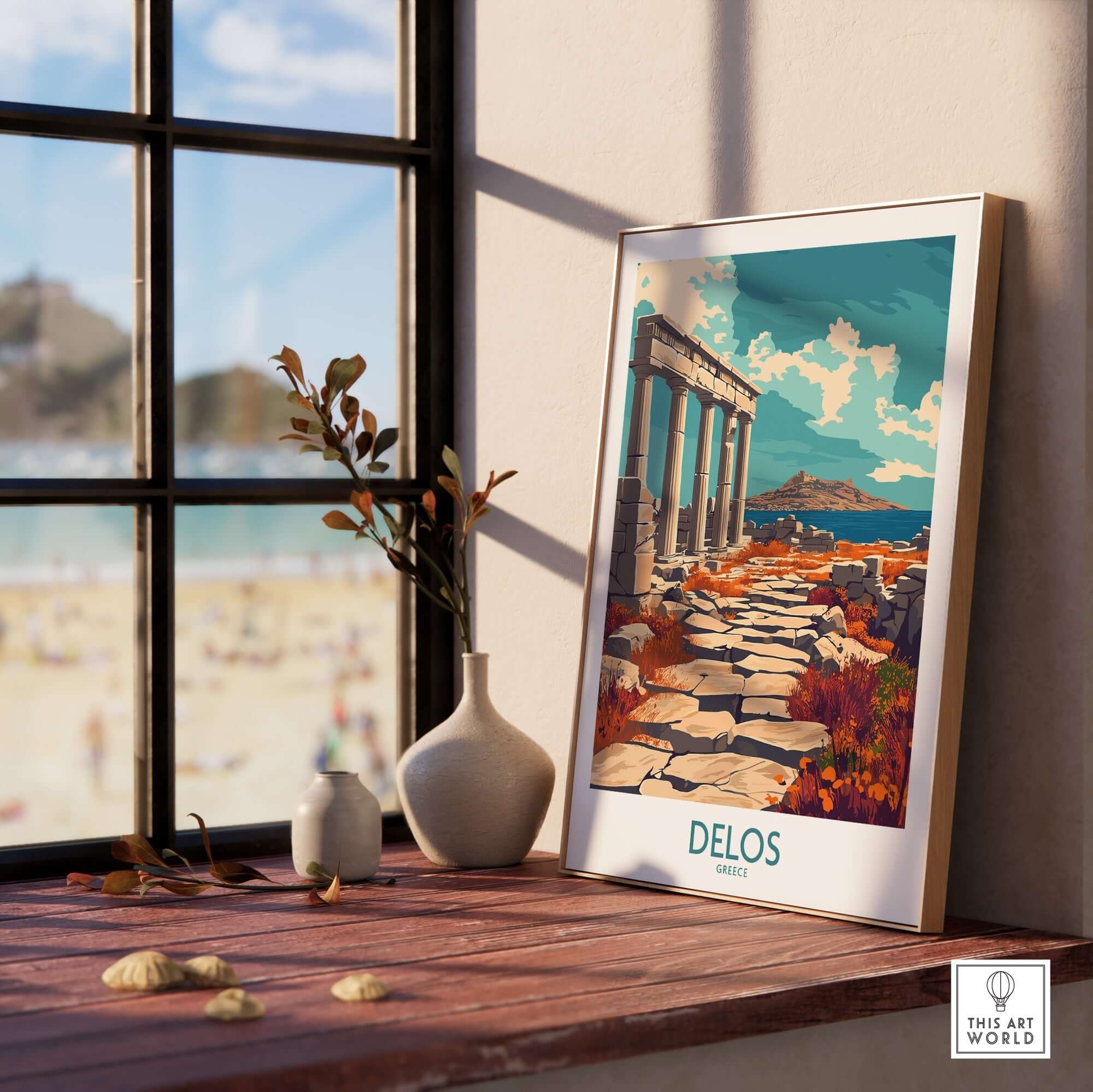 Delos Travel Poster showcasing the ancient ruins and scenic beauty of Delos, Greece, perfect for wall art decor.