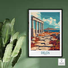 Delos Travel Poster showcasing ancient architecture and vibrant scenery from the historic island of Delos, Greece.