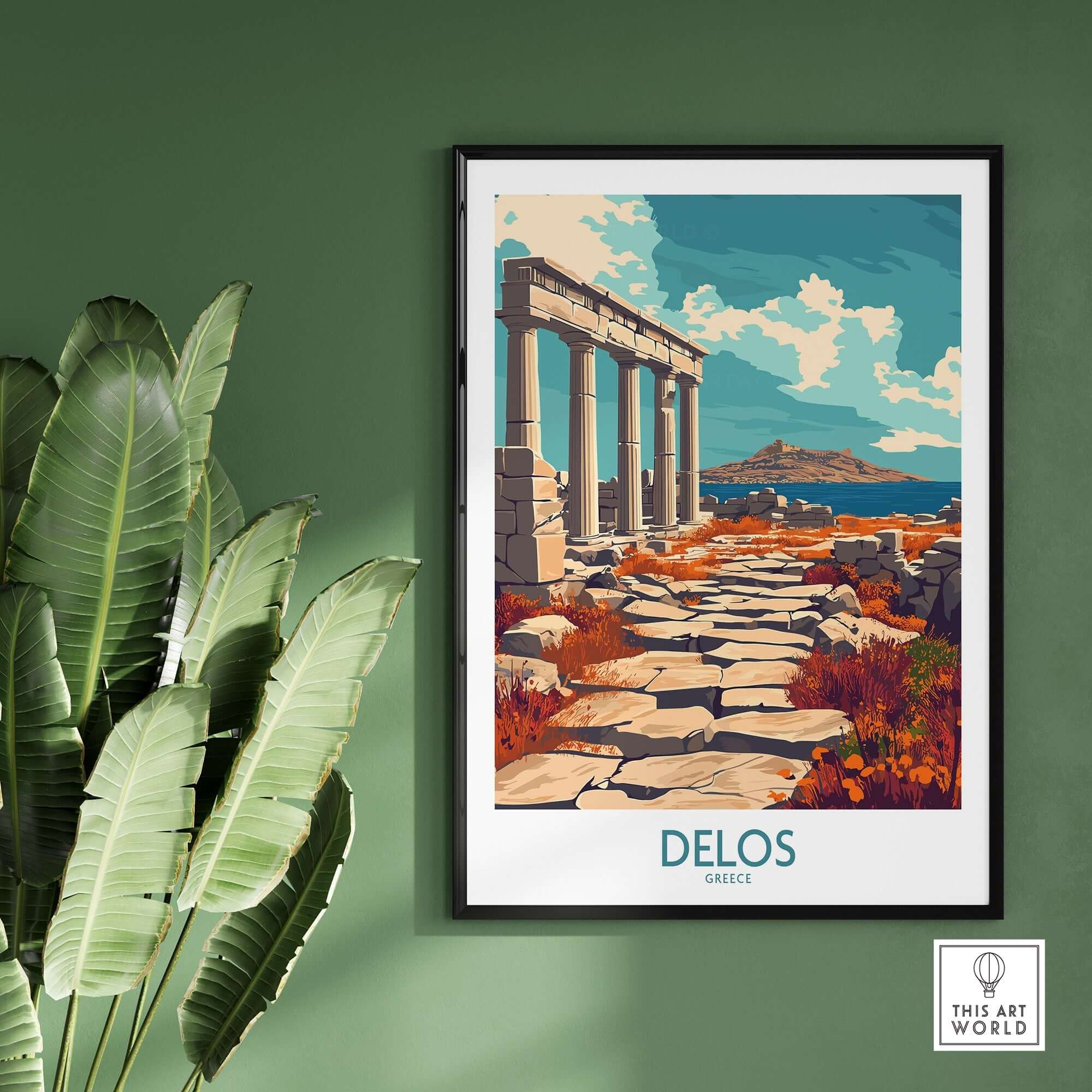 Delos Travel Poster showcasing ancient architecture and vibrant scenery from the historic island of Delos, Greece.