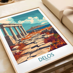 Delos Travel Poster featuring ancient ruins and beautiful landscape, capturing the essence of Delos, Greece.