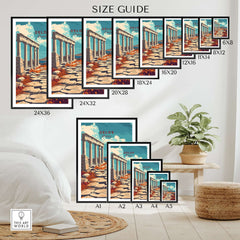 Delos Travel Print size guide showing various framed prints in a stylish living room setting.