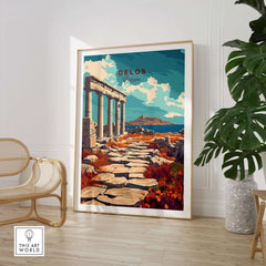 Delos Travel Print showcasing ancient Greek ruins and vibrant landscapes, inspiring wanderlust and adventure.