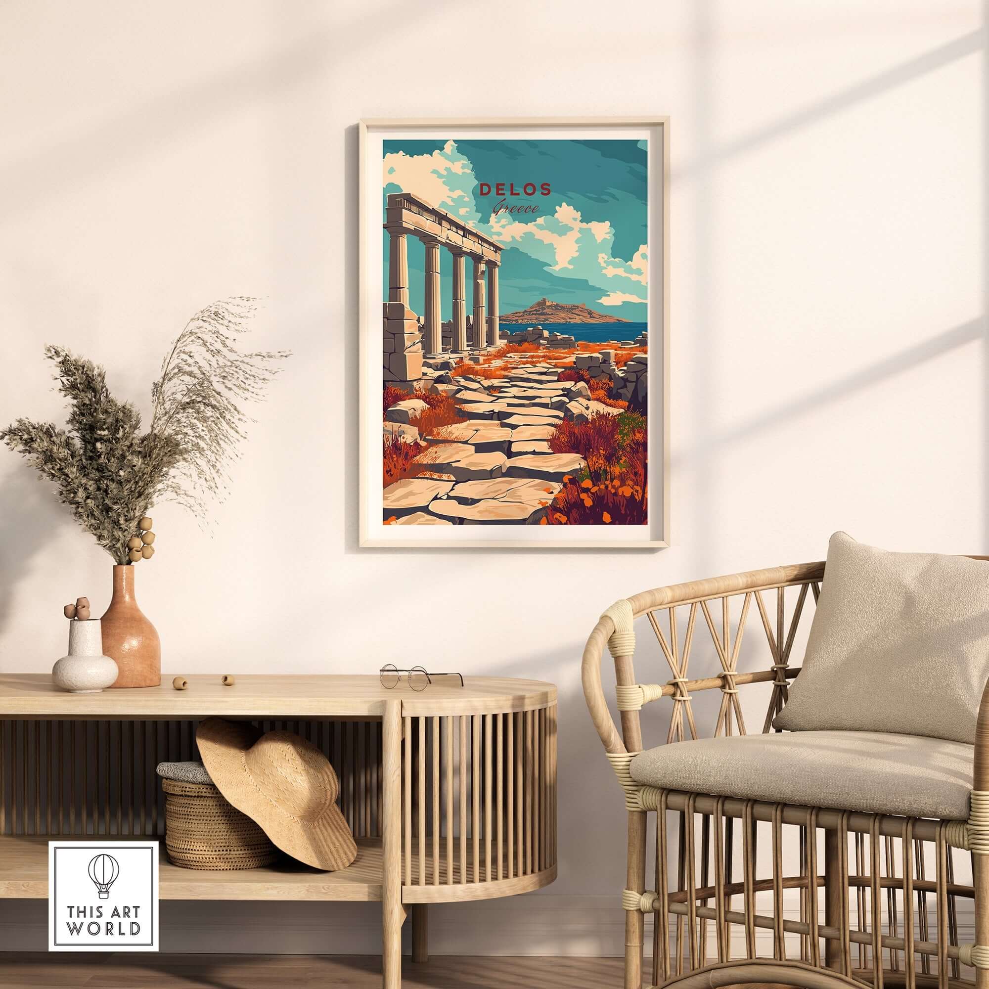 Delos Travel Print featuring ancient ruins and scenic landscape for travel lovers decor.