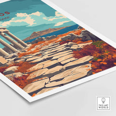 Delos Travel Print featuring a scenic view of Greece with ancient ruins and vibrant landscapes.