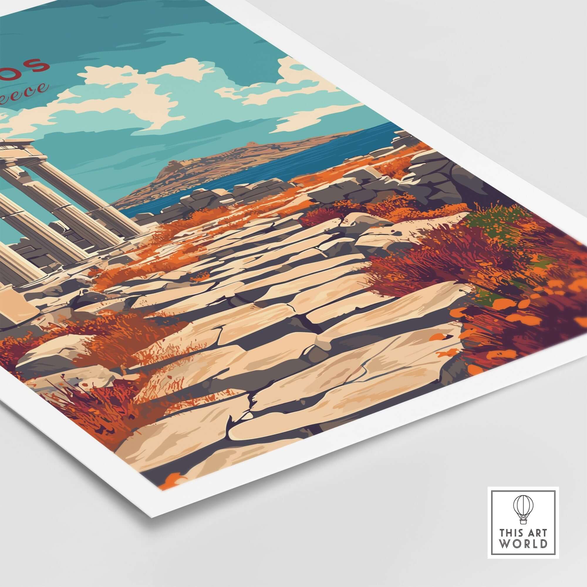 Delos Travel Print featuring a scenic view of Greece with ancient ruins and vibrant landscapes.
