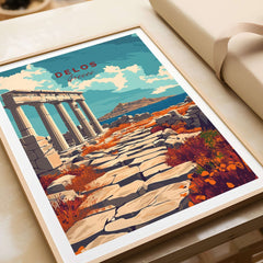 Delos Travel Print showcasing the iconic ruins of Delos, Greece, with vibrant colors and scenic landscape.