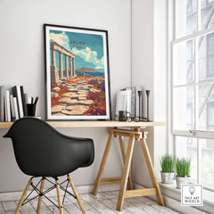 Delos Travel Print framed on a wall in a modern workspace, inspiring wanderlust and adventure.