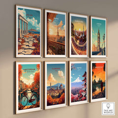 Delos Travel Print collection featuring famous landmarks from various cities including Delos, Paris, Barcelona, and more.