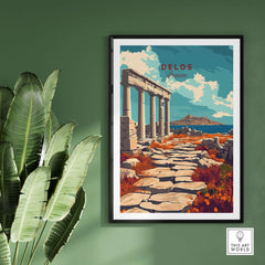 Delos Travel Print showcasing famous columns and scenic views of Greece, perfect for travel enthusiasts.