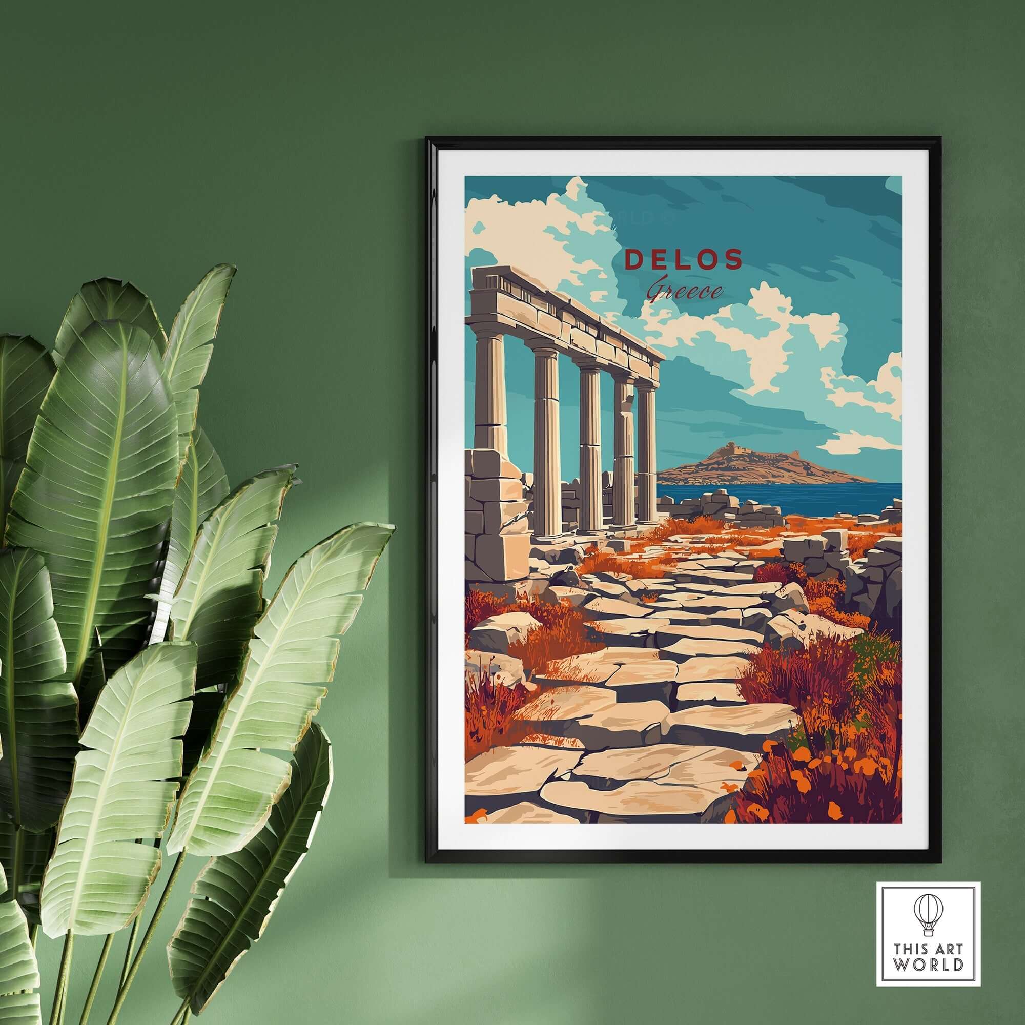 Delos Travel Print showcasing famous columns and scenic views of Greece, perfect for travel enthusiasts.
