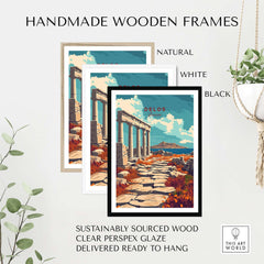 Delos Travel Print featured in handmade wooden frames: natural, white, black. Perfect for decor.