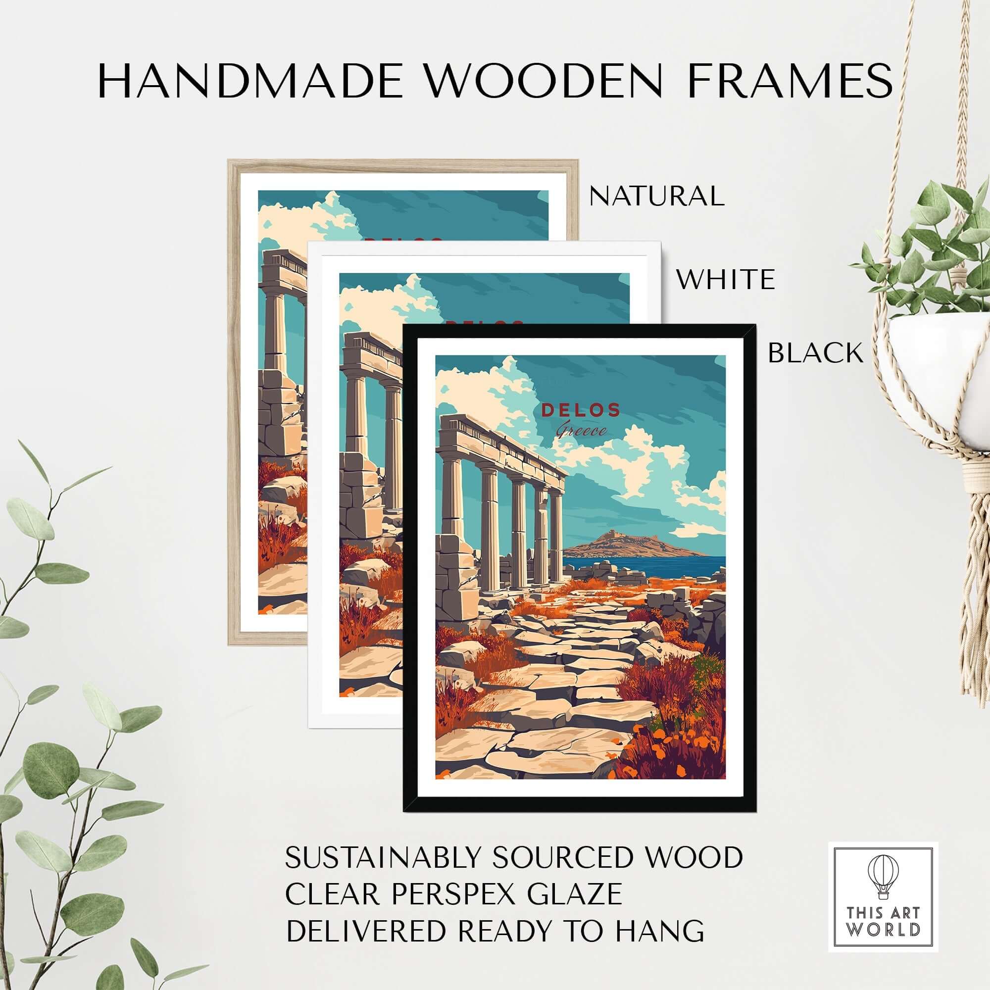 Delos Travel Print featured in handmade wooden frames: natural, white, black. Perfect for decor.