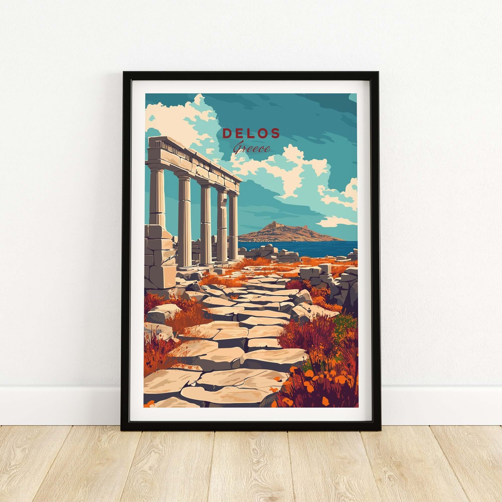 Delos Travel Print showcasing stunning Greece landscape with ancient architecture and vibrant colors.