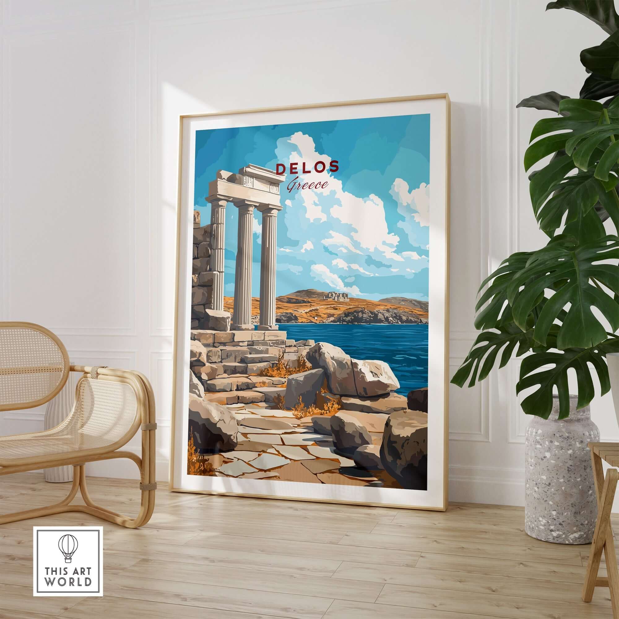 Delos Wall Art featuring ancient ruins and vibrant sea landscape, perfect for enhancing home decor.