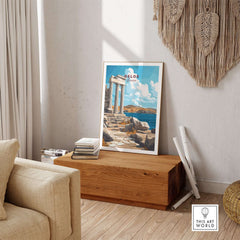 Delos Wall Art displayed in a stylish living room, showcasing intricate design and vibrant colors in home decor.