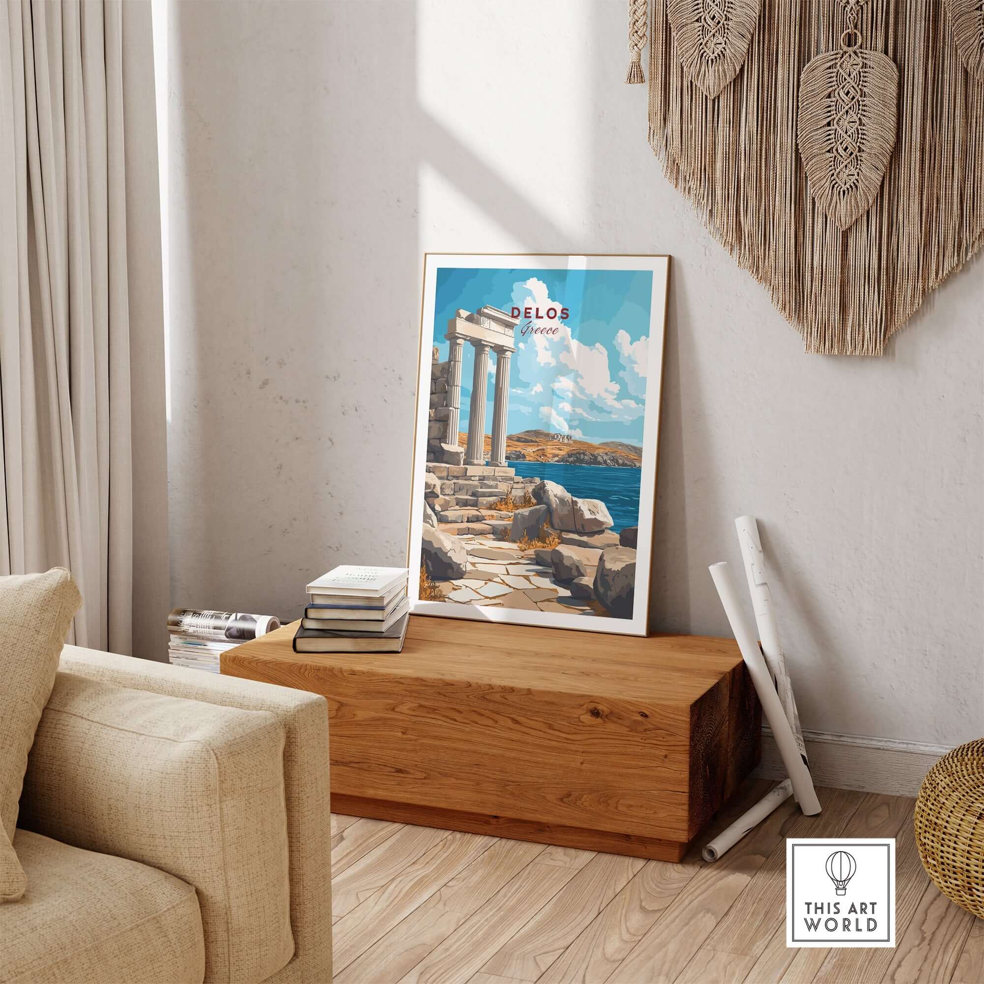 Delos Wall Art displayed in a stylish living room, showcasing intricate design and vibrant colors in home decor.
