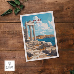 Delos Wall Art featuring a vibrant Greece travel poster with ancient pillars and scenic blue waters.