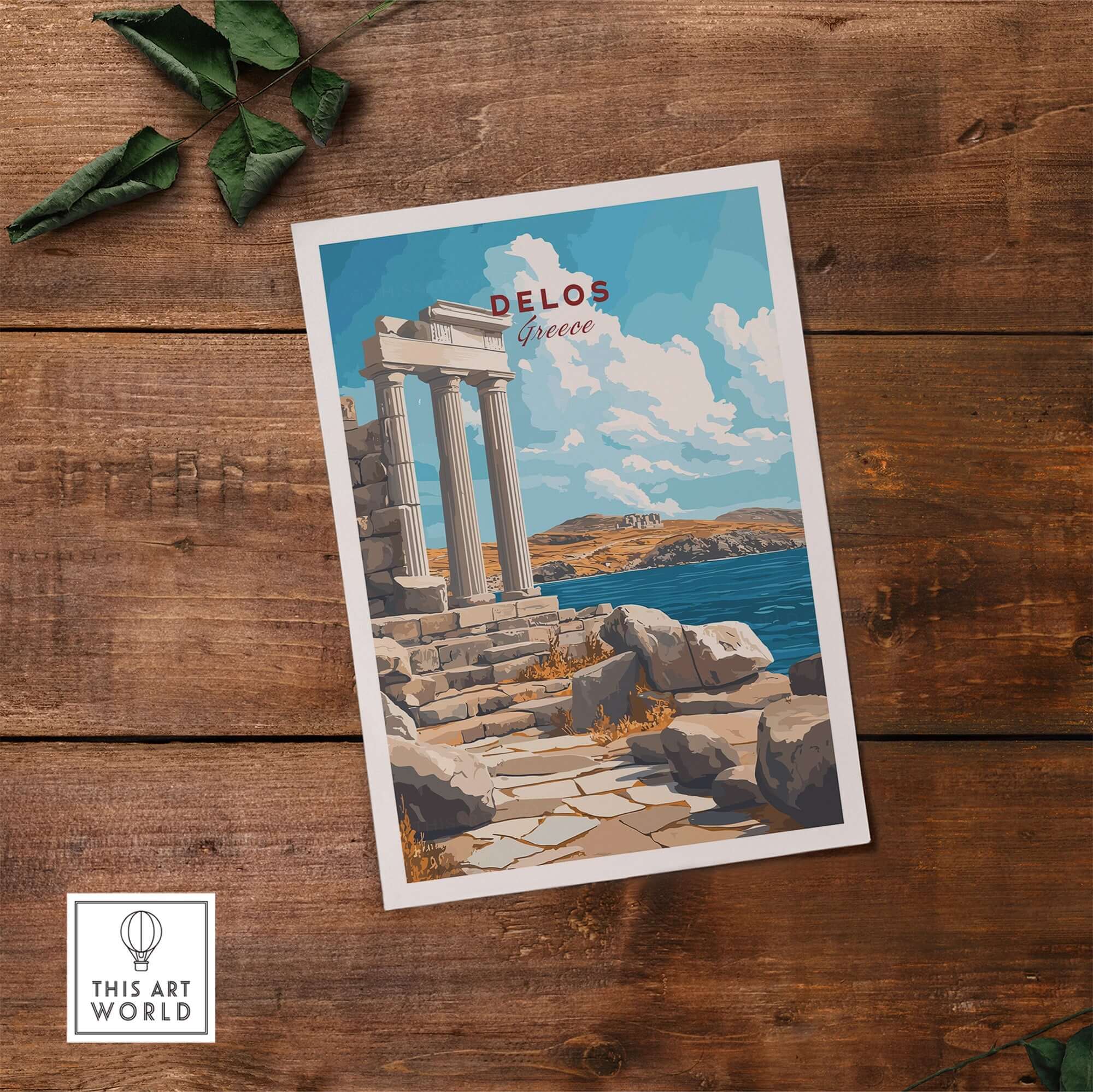 Delos Wall Art featuring a vibrant Greece travel poster with ancient pillars and scenic blue waters.